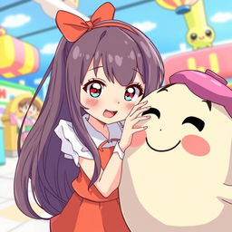 An anime girl with long, flowing hair, wearing a cute and colorful outfit, playfully interacting with a cartoonish, oversized character in a comical, fun, and whimsical manner