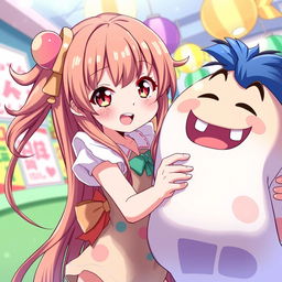 An anime girl with long, flowing hair, wearing a cute and colorful outfit, playfully interacting with a cartoonish, oversized character in a comical, fun, and whimsical manner