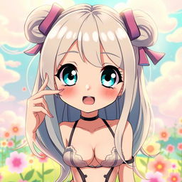 A vibrant and colorful anime-style image depicting a cute anime girl with large expressive eyes and playful features, engaging in a sensual but non-explicit manner