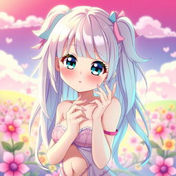 A vibrant and colorful anime-style image depicting a cute anime girl with large expressive eyes and playful features, engaging in a sensual but non-explicit manner