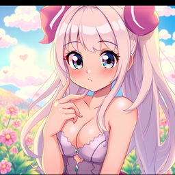 A vibrant and colorful anime-style image depicting a cute anime girl with large expressive eyes and playful features, engaging in a sensual but non-explicit manner