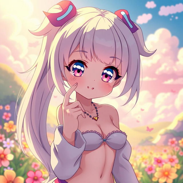 A vibrant and colorful anime-style image depicting a cute anime girl with large expressive eyes and playful features, engaging in a sensual but non-explicit manner