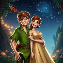 An imaginative and whimsical scene featuring adult versions of Peter Pan and Wendy