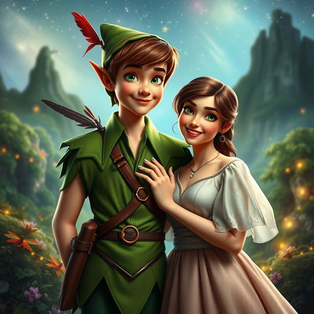 An imaginative and whimsical scene featuring adult versions of Peter Pan and Wendy