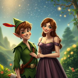 An imaginative and whimsical scene featuring adult versions of Peter Pan and Wendy