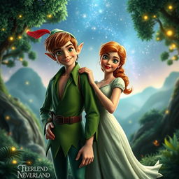 An imaginative and whimsical scene featuring adult versions of Peter Pan and Wendy
