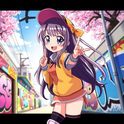 A vibrant and colorful illustration of a cute anime character with lively features, striking a playful pose against a bright urban backdrop