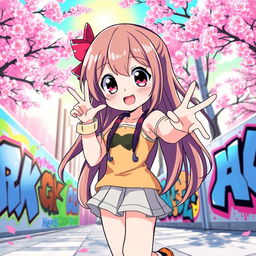 A vibrant and colorful illustration of a cute anime character with lively features, striking a playful pose against a bright urban backdrop