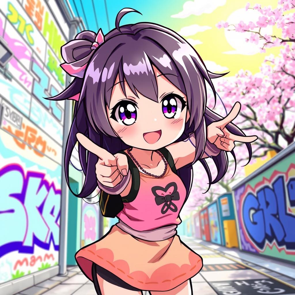 A vibrant and colorful illustration of a cute anime character with lively features, striking a playful pose against a bright urban backdrop