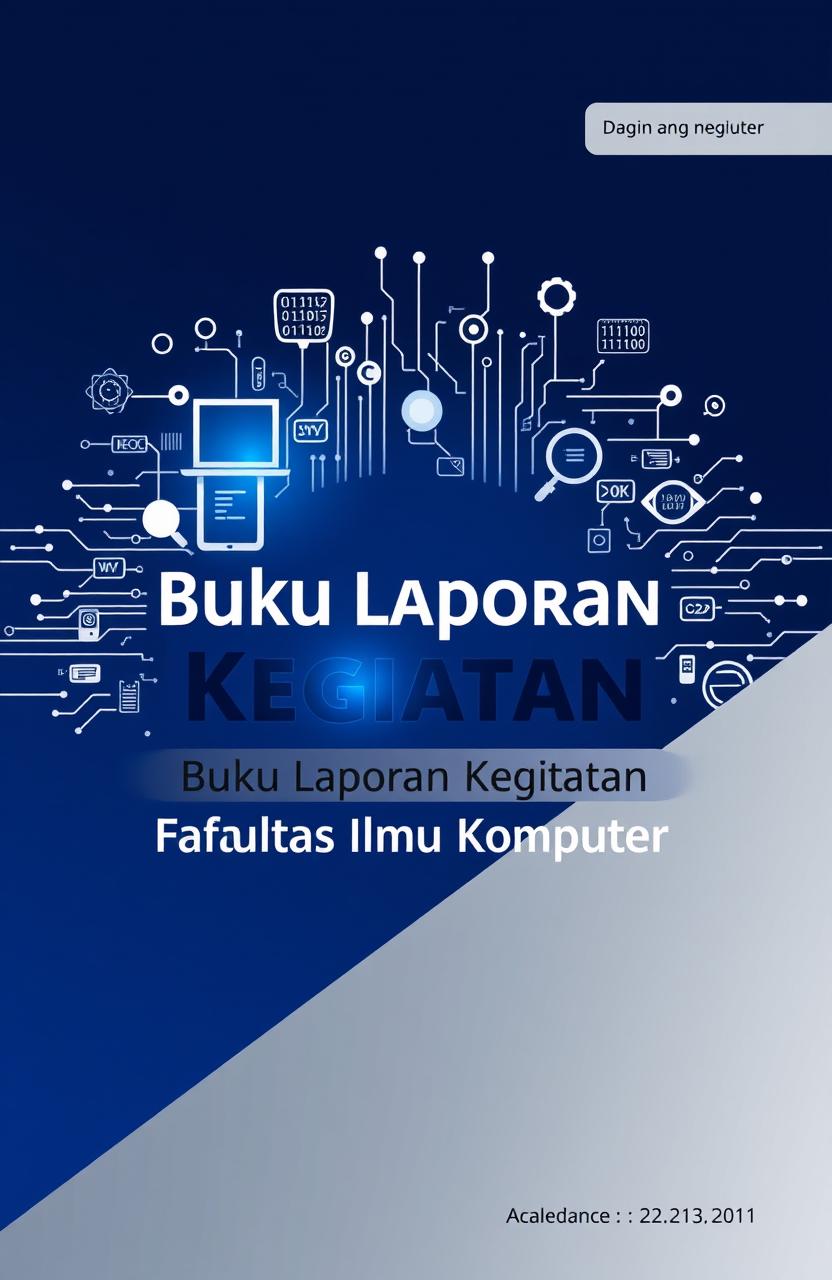 A visually engaging cover page for a report titled 'Buku Laporan Kegiatan Fakultas Ilmu Komputer'