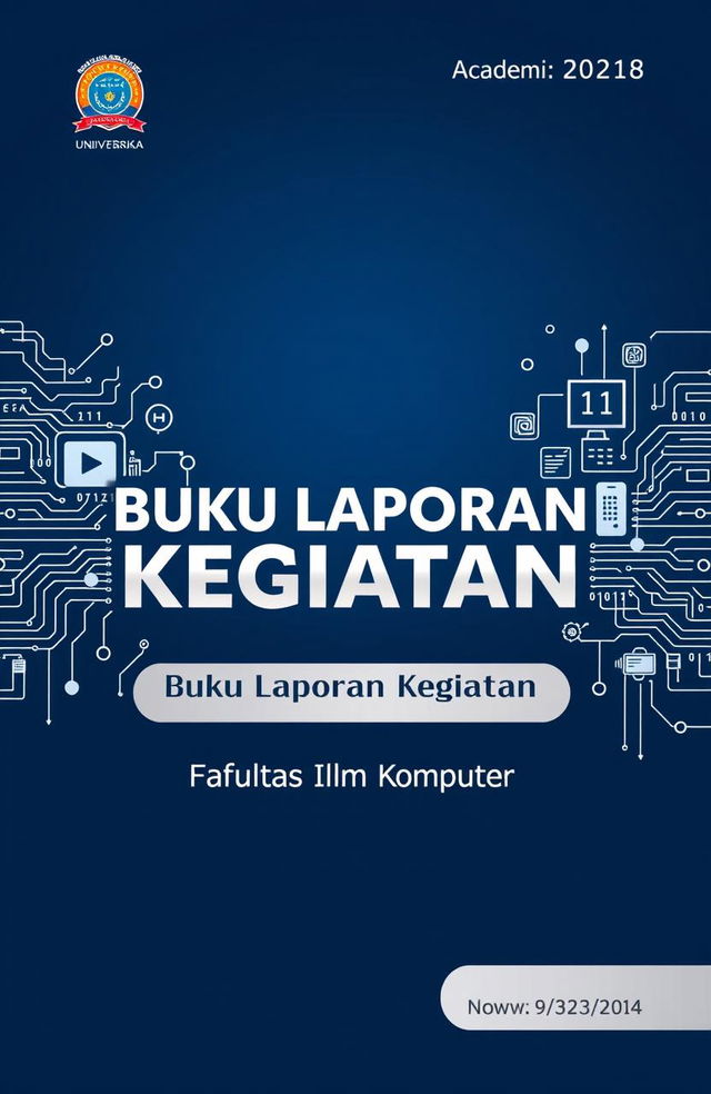 A visually engaging cover page for a report titled 'Buku Laporan Kegiatan Fakultas Ilmu Komputer'