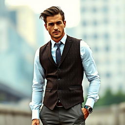 A stylish man in a classic waistcoat, exuding confidence and charm