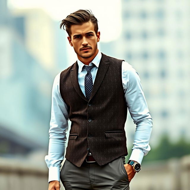 A stylish man in a classic waistcoat, exuding confidence and charm