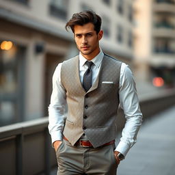 A stylish man in a classic waistcoat, exuding confidence and charm