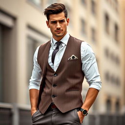 A stylish man in a classic waistcoat, exuding confidence and charm