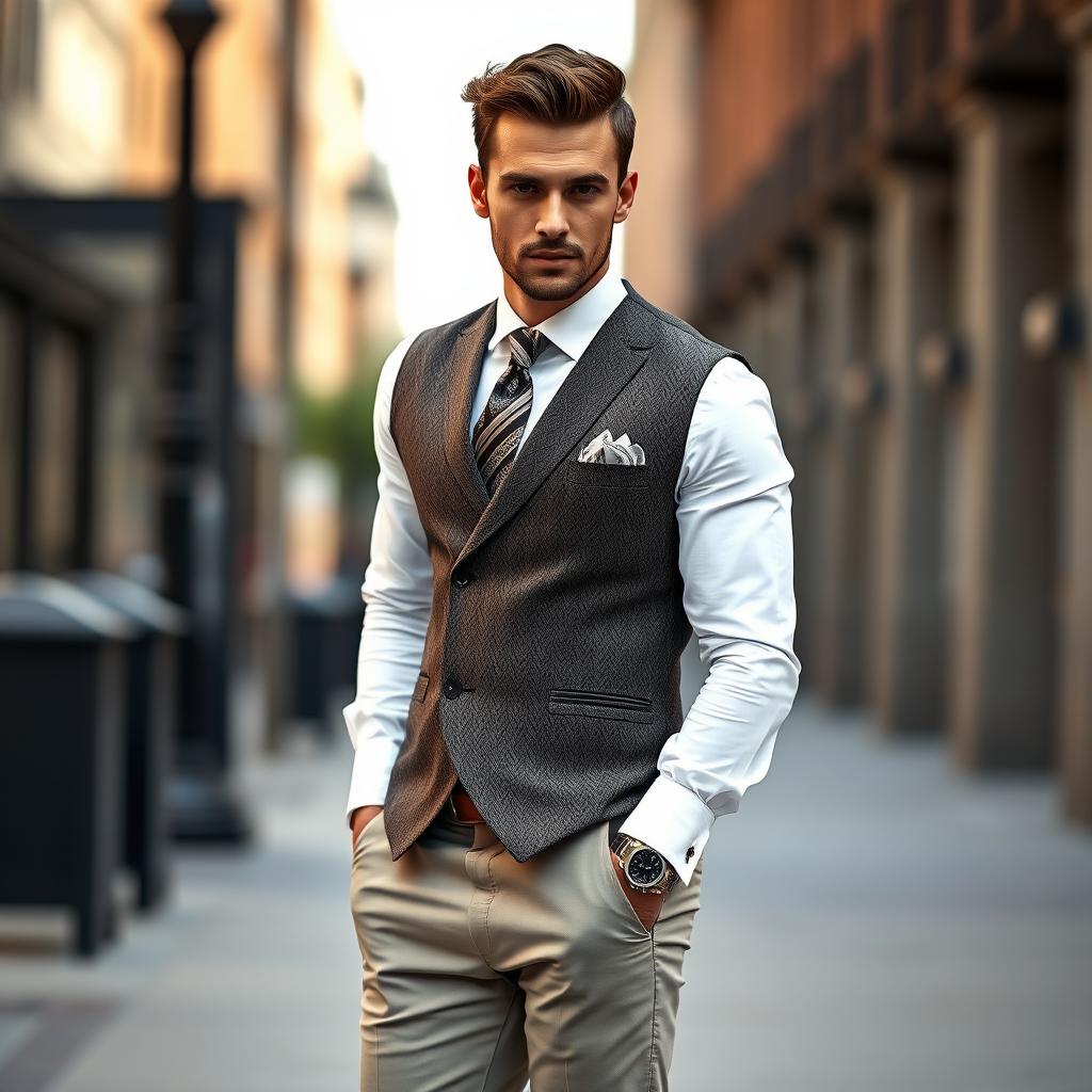 A stylish man in a classic waistcoat, exuding confidence and charm