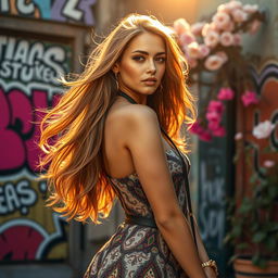 A captivating and artistic representation of a stylish young woman, showcasing her confidence and elegance in an urban setting