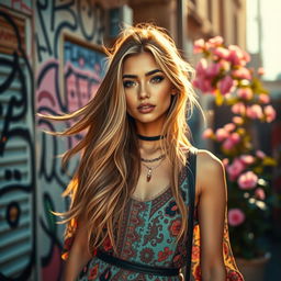 A captivating and artistic representation of a stylish young woman, showcasing her confidence and elegance in an urban setting