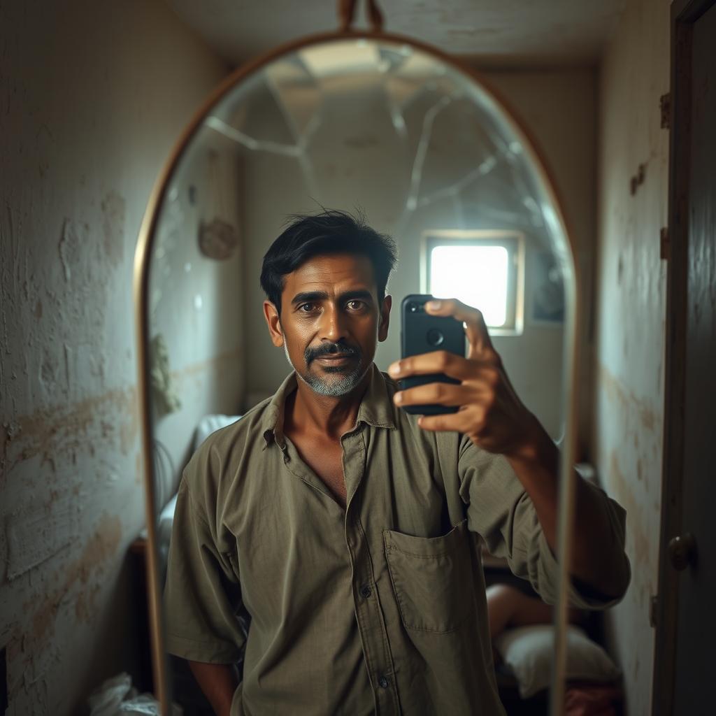 A humble man in worn clothing taking a selfie in a cracked mirror, capturing a moment of reflection