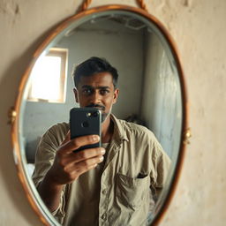 A humble man in worn clothing taking a selfie in a cracked mirror, capturing a moment of reflection