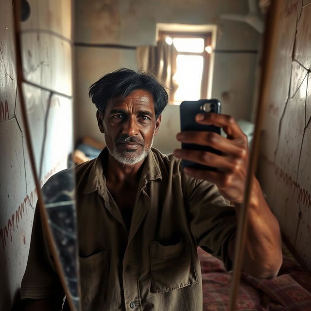 A humble man in worn clothing taking a selfie in a cracked mirror, capturing a moment of reflection