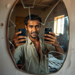 A humble man in worn clothing taking a selfie in a cracked mirror, capturing a moment of reflection