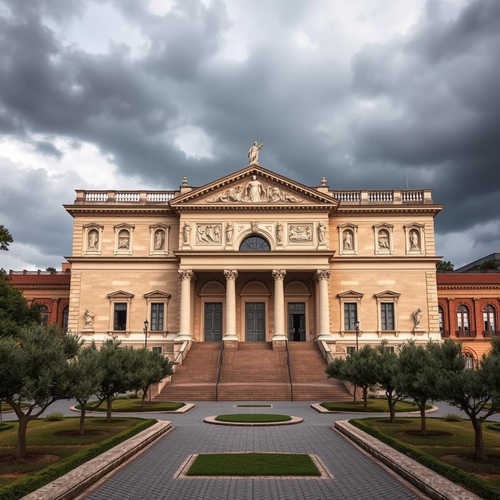 A majestic building designed for the minister of a country and council chambers, set in Italy during World War II