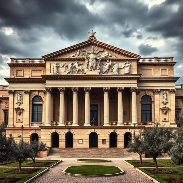 A majestic building designed for the minister of a country and council chambers, set in Italy during World War II