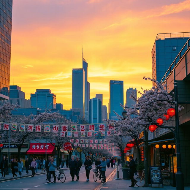 A scenic view of a modern cityscape at sunset, with skyscrapers reflecting the orange and purple hues of the sky