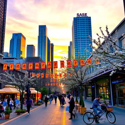 A scenic view of a modern cityscape at sunset, with skyscrapers reflecting the orange and purple hues of the sky