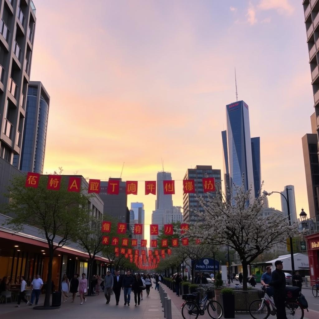 A scenic view of a modern cityscape at sunset, with skyscrapers reflecting the orange and purple hues of the sky