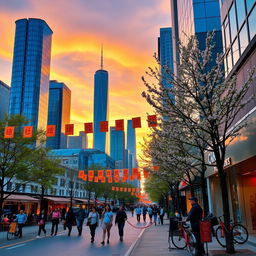 A scenic view of a modern cityscape at sunset, with skyscrapers reflecting the orange and purple hues of the sky
