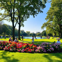 A beautiful and inviting park scene, featuring vibrant green grass and colorful blooming flowers