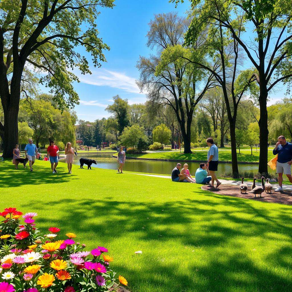 A beautiful and inviting park scene, featuring vibrant green grass and colorful blooming flowers