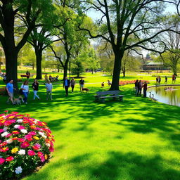 A beautiful and inviting park scene, featuring vibrant green grass and colorful blooming flowers