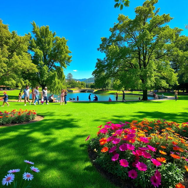 A beautiful and inviting park scene, featuring vibrant green grass and colorful blooming flowers