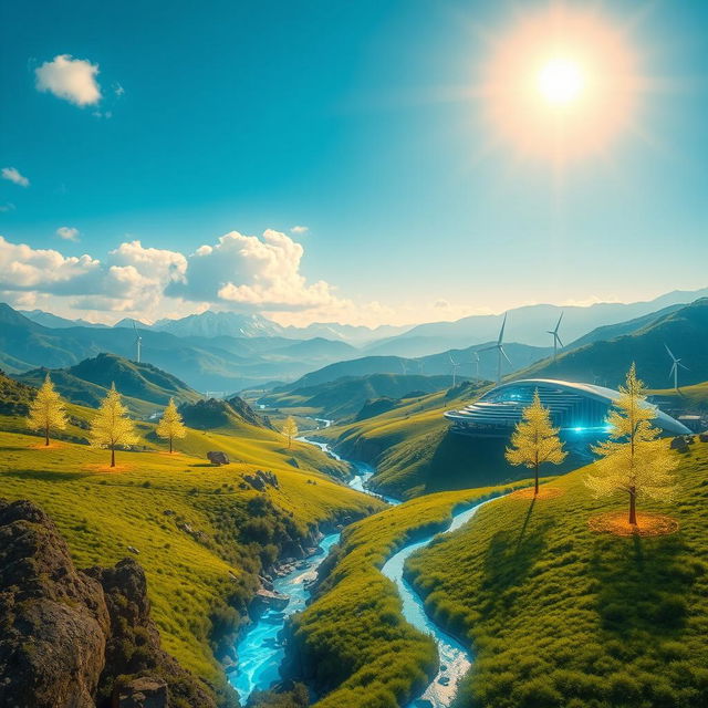 A futuristic AI version of a serene landscape featuring a lush green valley with mountains in the background under a bright blue sky, enhanced with digital elements like holographic trees and glowing streams