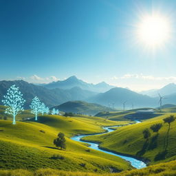 A futuristic AI version of a serene landscape featuring a lush green valley with mountains in the background under a bright blue sky, enhanced with digital elements like holographic trees and glowing streams