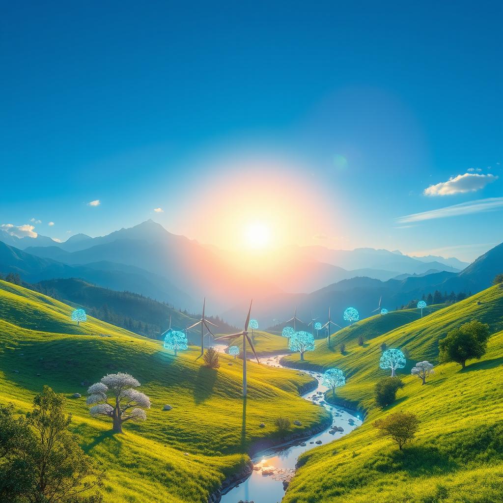 A futuristic AI version of a serene landscape featuring a lush green valley with mountains in the background under a bright blue sky, enhanced with digital elements like holographic trees and glowing streams