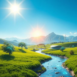 A futuristic AI version of a serene landscape featuring a lush green valley with mountains in the background under a bright blue sky, enhanced with digital elements like holographic trees and glowing streams