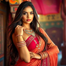 A beautiful Indian woman showcasing traditional Rajasthani attire, adorned with intricate jewelry such as a necklace and bangles