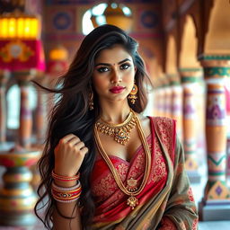 A beautiful Indian woman showcasing traditional Rajasthani attire, adorned with intricate jewelry such as a necklace and bangles