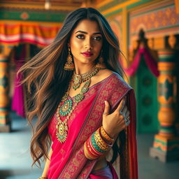 A beautiful Indian woman showcasing traditional Rajasthani attire, adorned with intricate jewelry such as a necklace and bangles