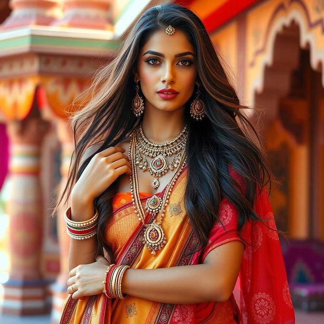 A beautiful Indian woman showcasing traditional Rajasthani attire, adorned with intricate jewelry such as a necklace and bangles