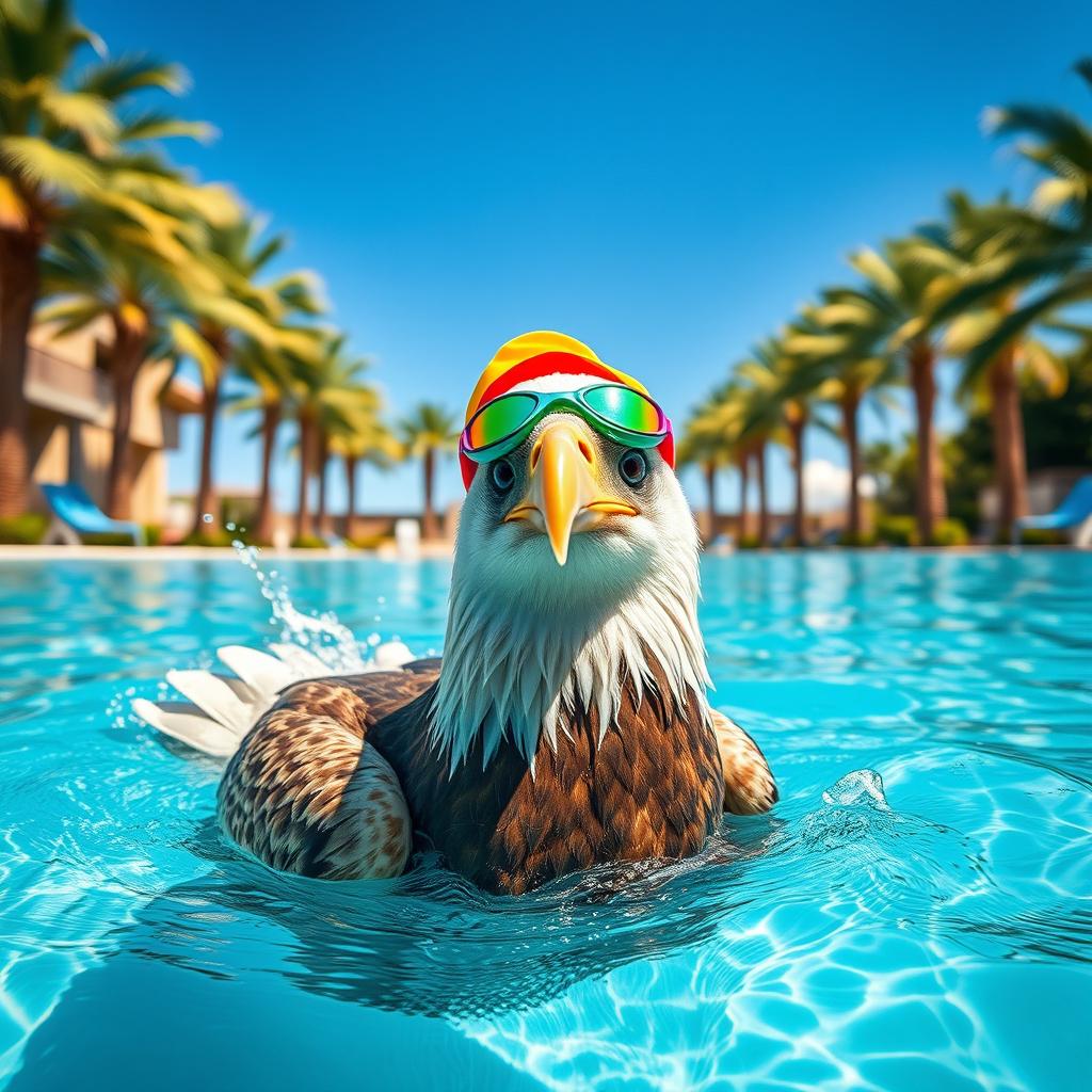 An eagle swimming in a pool, wearing colorful swimming goggles and a bright swimming cap