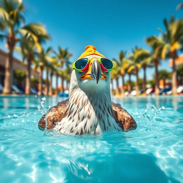 An eagle swimming in a pool, wearing colorful swimming goggles and a bright swimming cap