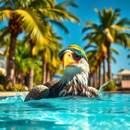 An eagle swimming in a pool, wearing colorful swimming goggles and a bright swimming cap