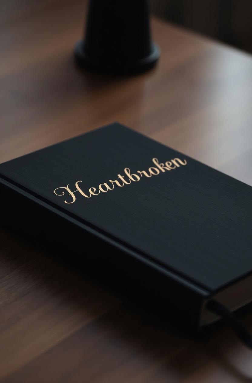 A close-up shot of a beautifully designed black journal with the word 'Heartbroken' elegantly embossed in gold lettering on the cover
