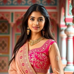 A stunning young woman in traditional Rajasthani attire, featuring a beautifully embroidered lehenga and a matching dupatta