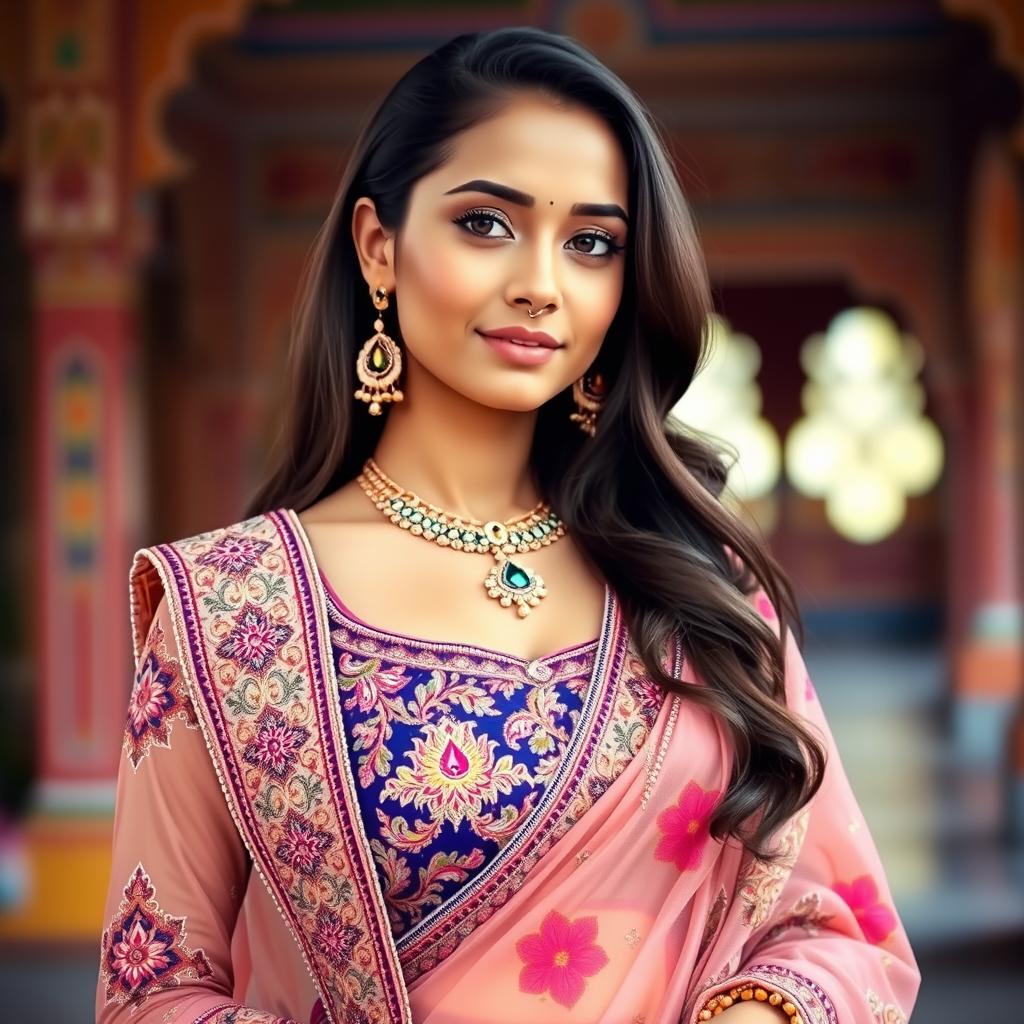 A stunning young woman in traditional Rajasthani attire, featuring a beautifully embroidered lehenga and a matching dupatta